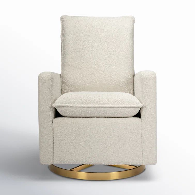 Ivory Boucle Pillowback Swivel Glider with Gold Base