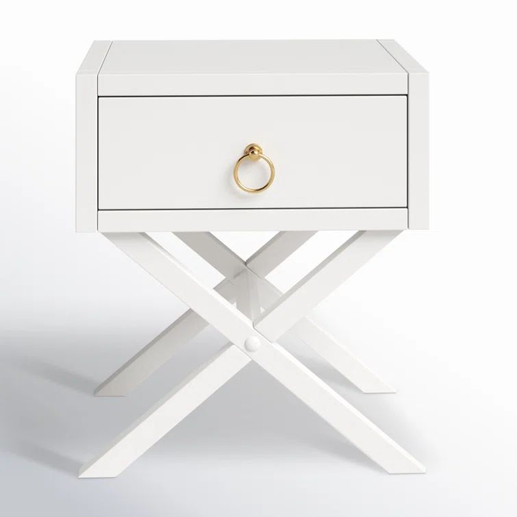 Elin Fresh White and Gold Metallic 1-Drawer Nightstand with X-Design Legs