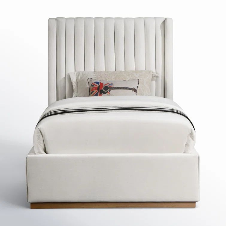 Cream Linen Twin Upholstered Wingback Bed with Tufted Headboard