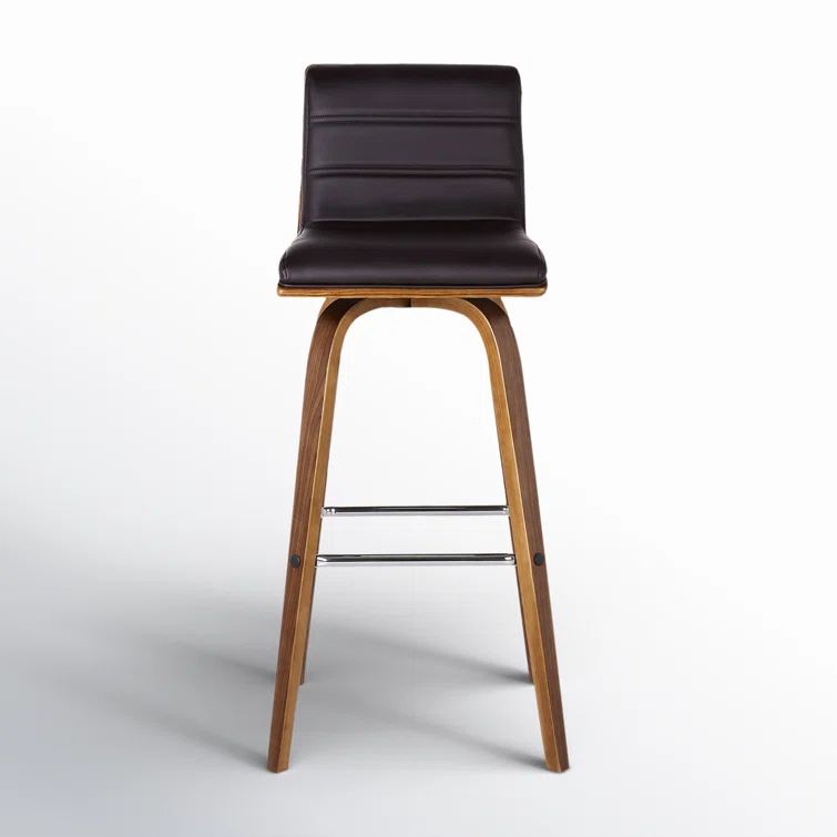 Walnut and Brown Mid-Century Modern Swivel Bar Stool