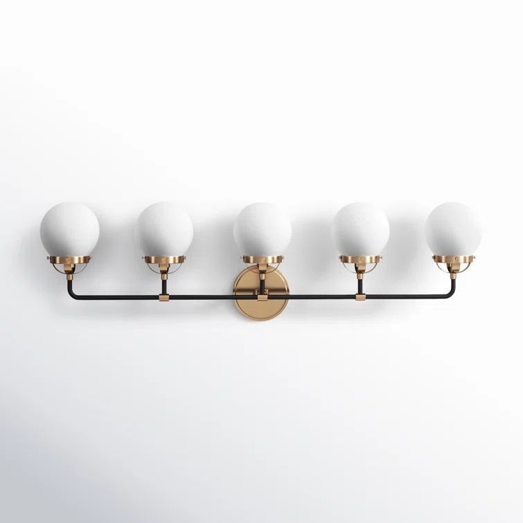 Satin Brass and Black 38.25" 5-Light Vanity Fixture with Etched Glass Shades