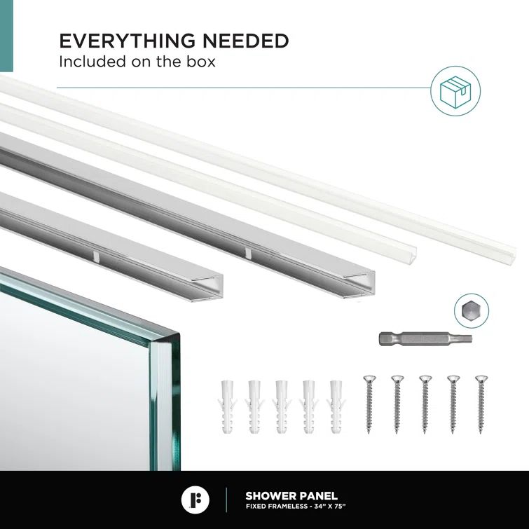 34'' W x 74.25'' H Clear Tempered Glass Shower Panel with Chrome Finish