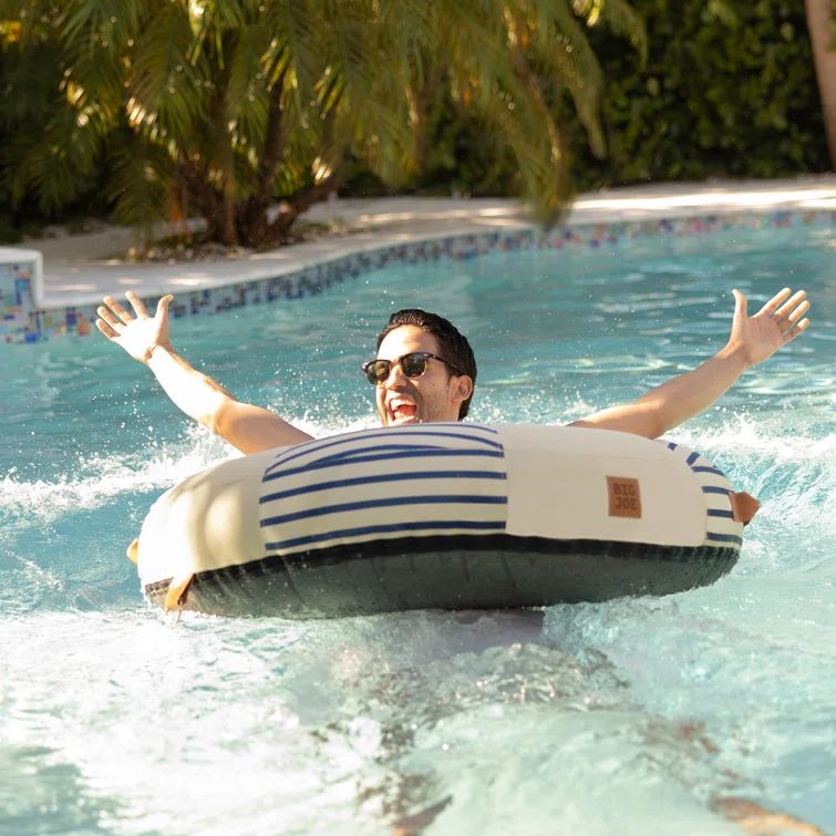 Navy and Ivory Stripe Lux Inflatable Pool Ring with Vegan Leather Accents
