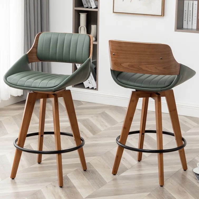 Green Faux Leather and Wood Swivel Counter Stools, Set of 2