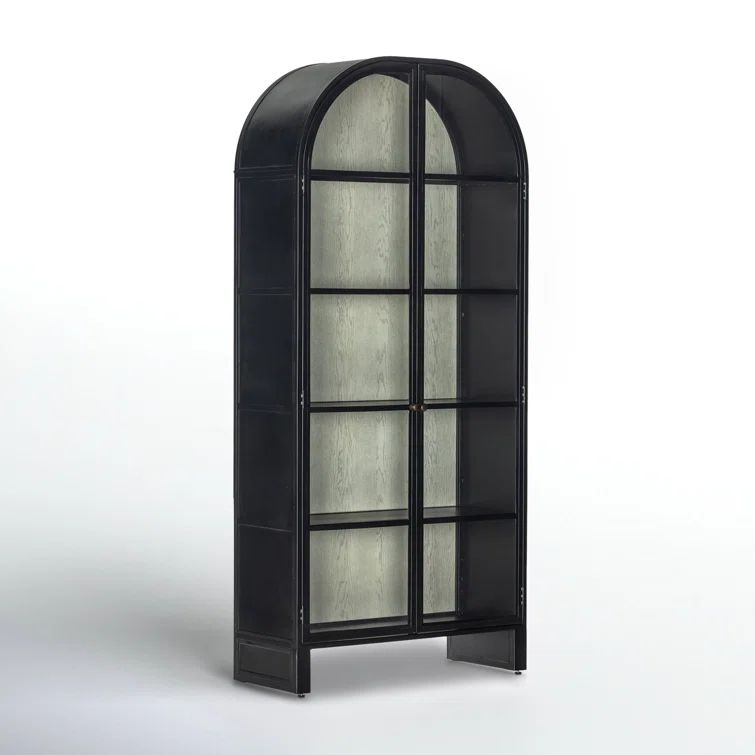 Tall Black Iron and Vintage White Oak Arched Display Cabinet