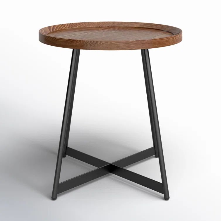 Walnut and Black Round Metal Cross Legs End Table