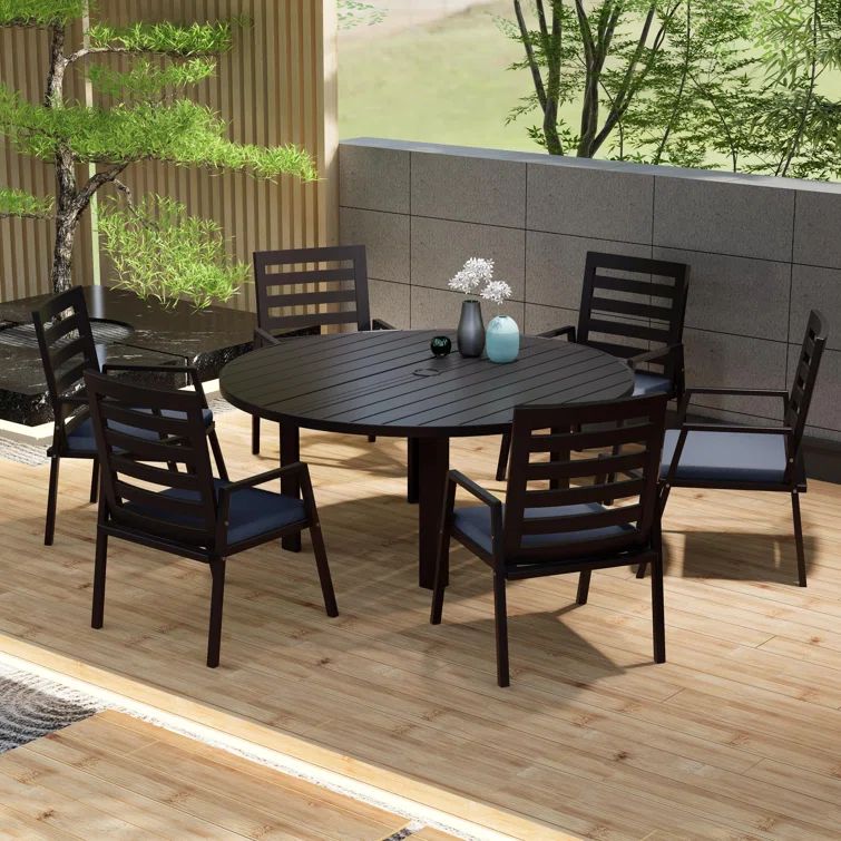 7-Piece Black Aluminum Patio Dining Set with Charcoal Blue Cushions