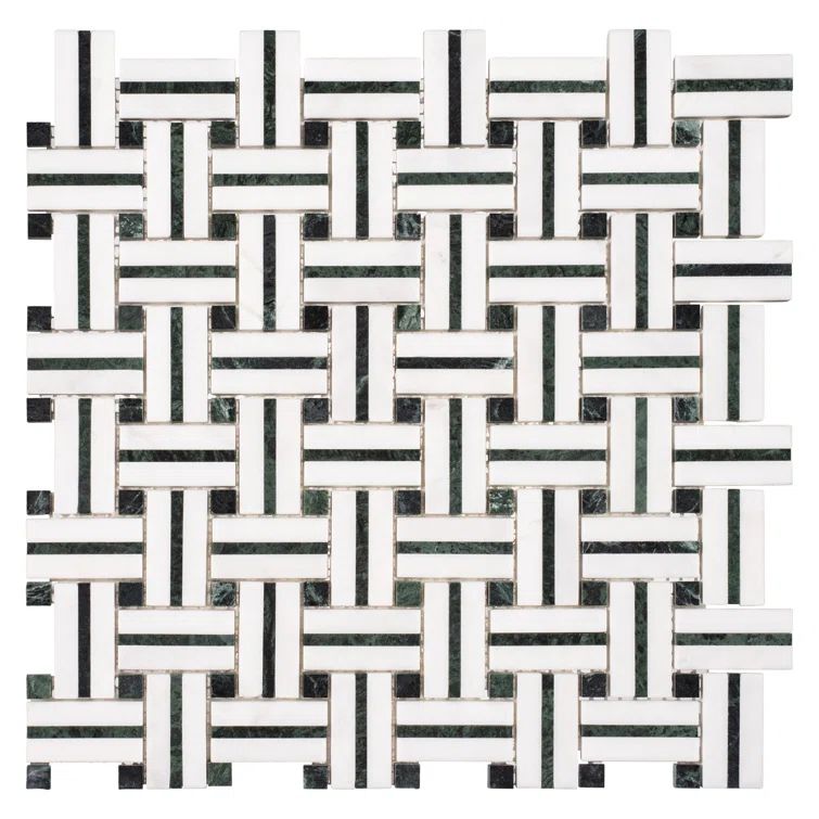 Hessian Green and White Basketweave Natural Stone Mosaic Tile Sheet