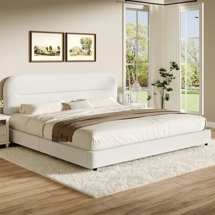 King White Boucle Upholstered Platform Bed Frame