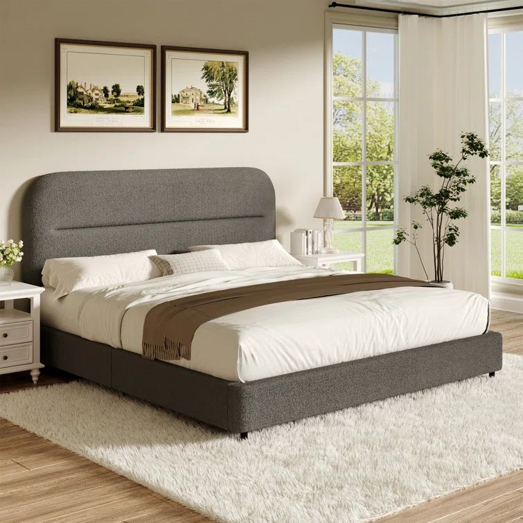 Gray Boucle Upholstered Queen Bed Frame with Headboard