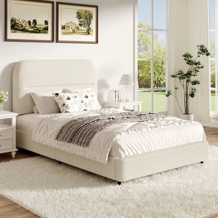 Cream Boucle Upholstered Twin Bed Frame with Headboard