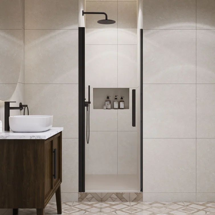 Pasadena Black Frameless Pivot Shower Door with Tempered Glass