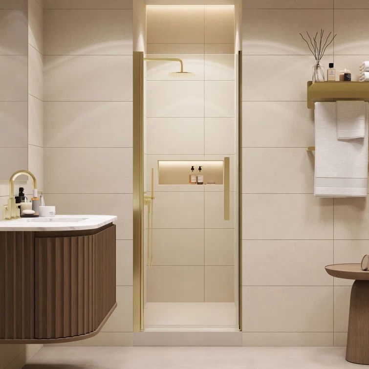 Pasadena Brushed Gold Frameless Pivot Shower Door with Clear Glass
