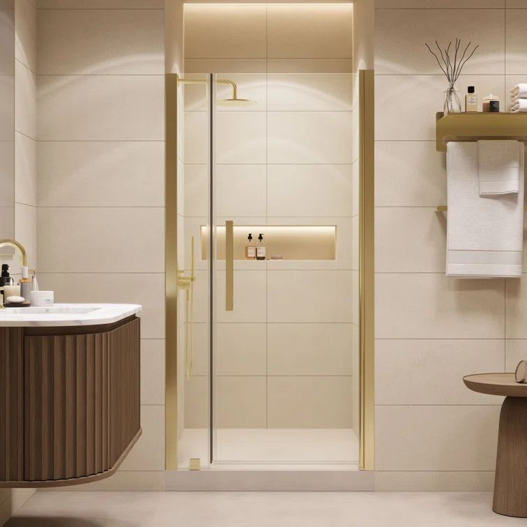 Brushed Gold Frameless Pivot Shower Door with Clear Glass Panels
