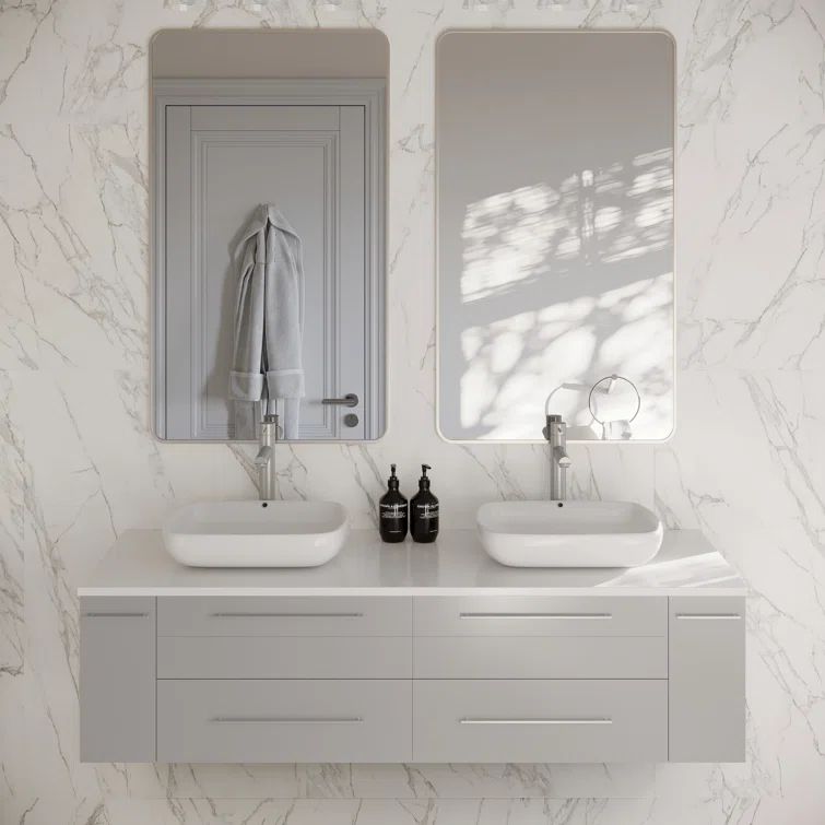 Gray 60" Wall-Mount Double Sink Vanity with Quartz Top