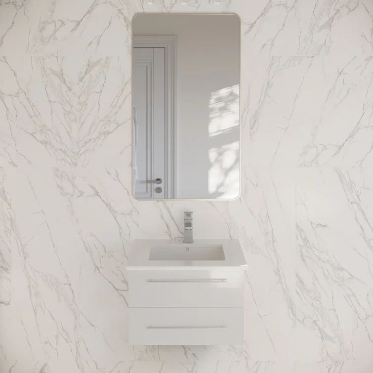 Sleek 24" White Quartz Top Modern Wall-Mounted Vanity with Ceramic Sink