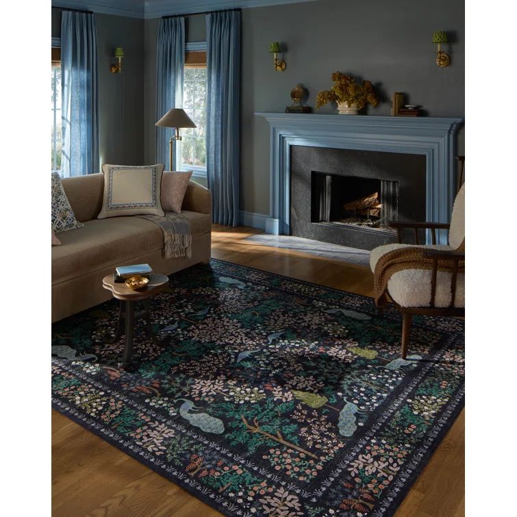 Charcoal Floral Polyester Runner Rug with Enchanted Forest Design