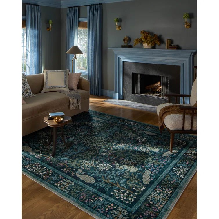Teal Floral Wool and Cotton 6' x 9' Area Rug