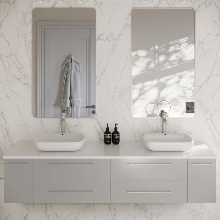 Lucera 72" Gray Quartz Stone Double Vessel Sink Wall-Mount Vanity