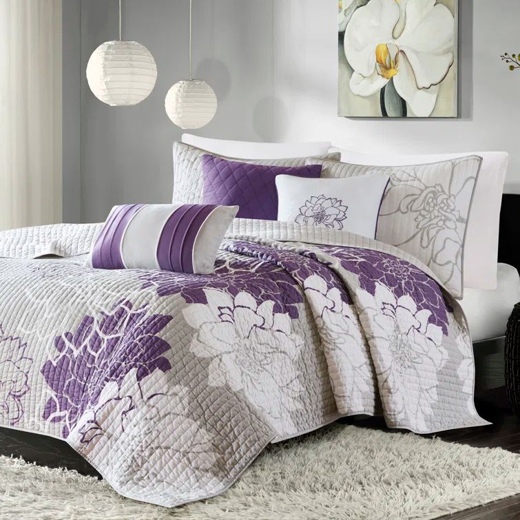 Purple Floral Reversible Cotton Full Quilt Set