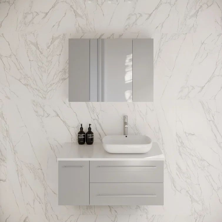 Gray Quartz Stone Wall-Mounted Vanity Set with Medicine Cabinet