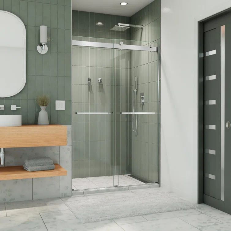 Clear Frameless Sliding Shower Door with Brushed Nickel Hardware