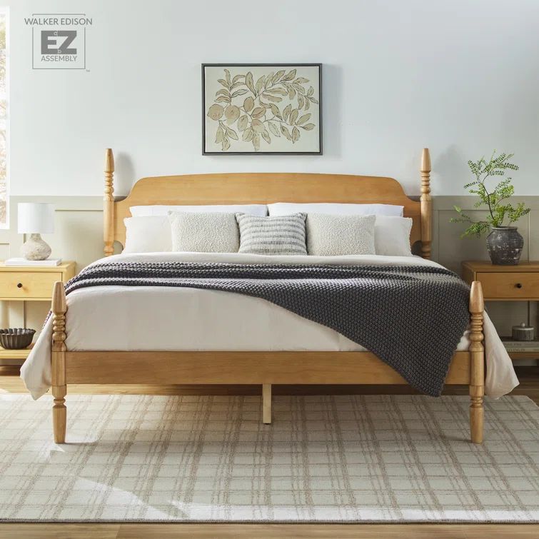 Natural Solid Wood King Bed with Upholstered Headboard