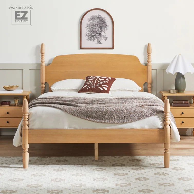 Natural Solid Wood Queen Spindle Bed Frame with Upholstered Headboard