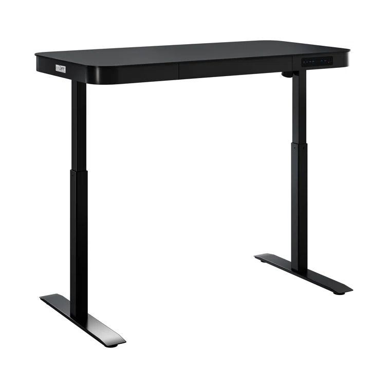 Black Adjustable Height Glass Standing Desk with USB Port and Drawer