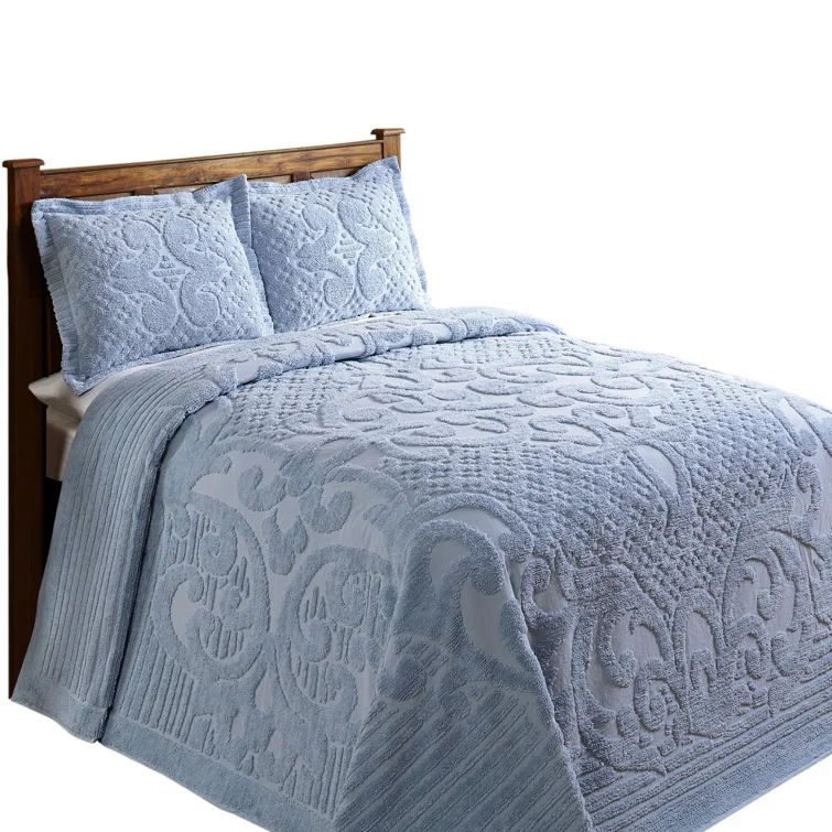 Blue Queen Cotton Chenille Reversible Bedspread Set