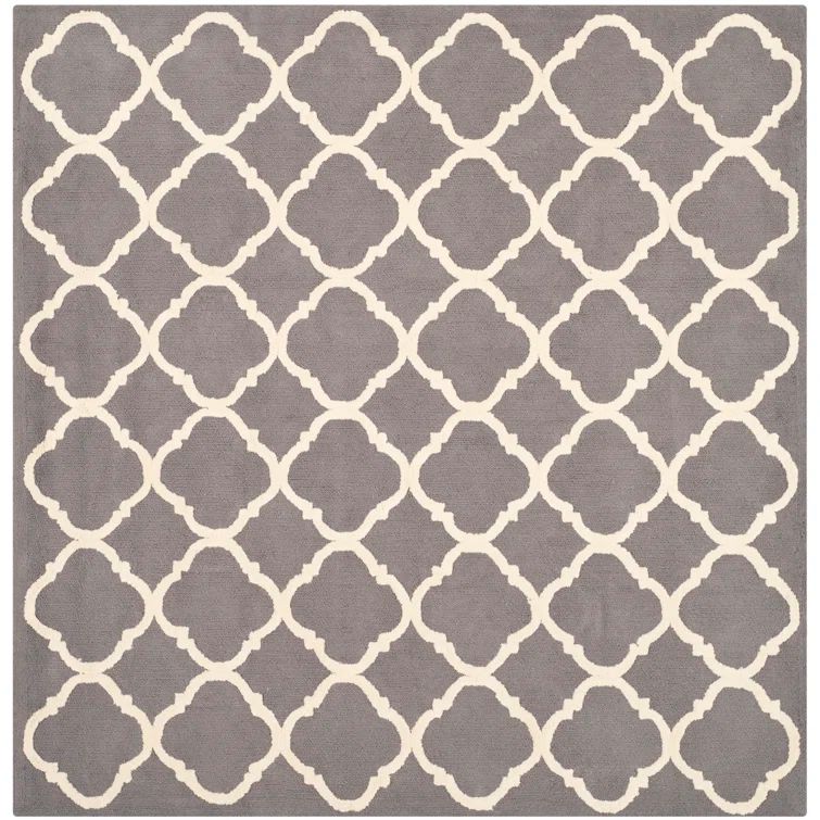 Grey and Ivory Hand-Hooked Wool Geometric Square Rug