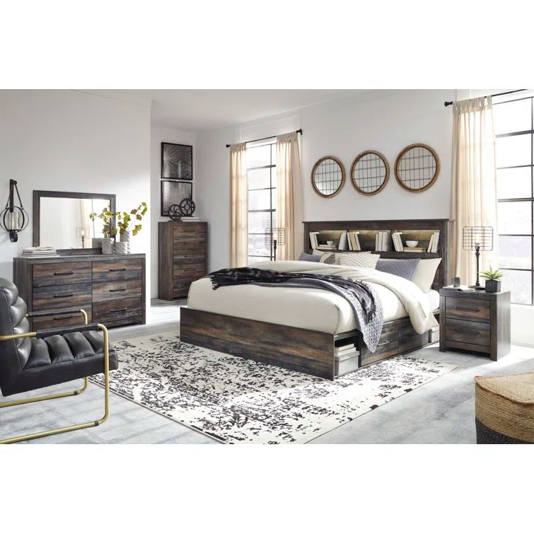 Rustic Industrial King Bookcase Headboard with LED Light, Weatherworn Brown