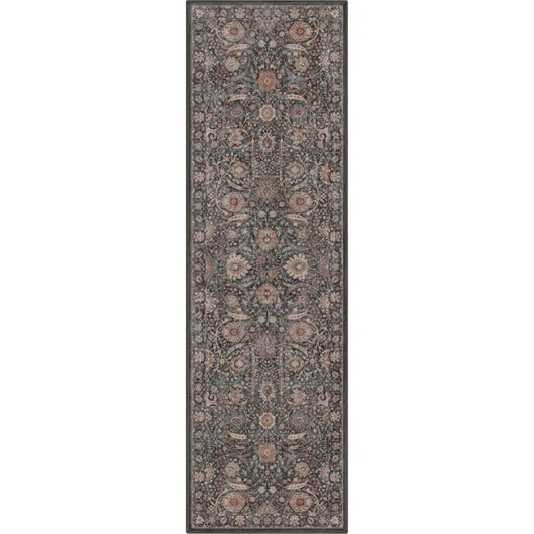 Blue and Charcoal Grey Oriental Wool Runner Rug