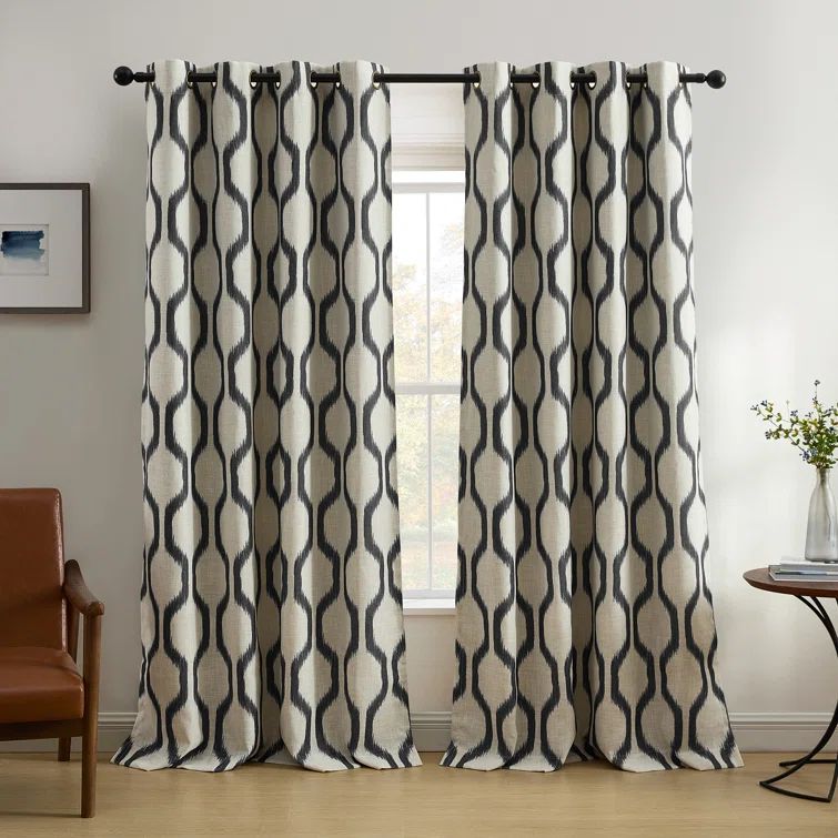 Renzo Black Geometric Ikat Poly-Linen Room Darkening Curtain Panel