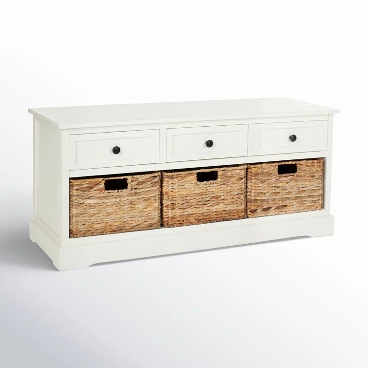 Distressed Cream Pine Storage Bench with 3 Drawers & Wicker Baskets