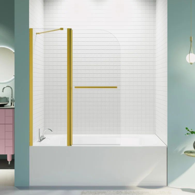 Brushed Gold Frameless Folding Bathtub Shower Door with Towel Bar