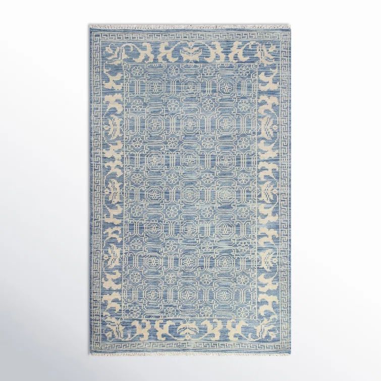 Hand-Knotted Denim Floral 9' x 12' Wool Area Rug