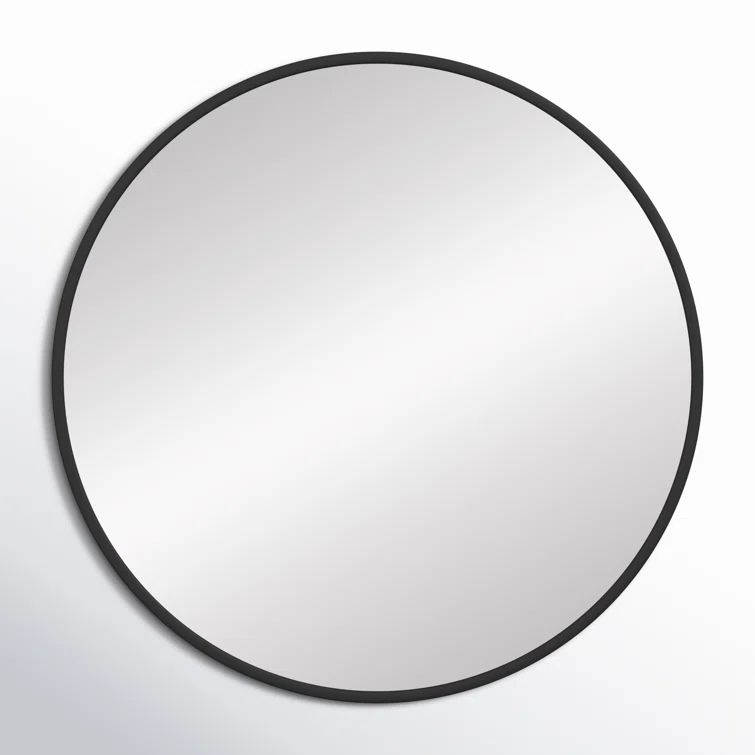 Black Metal and Glass Round Wall Mirror, 42"