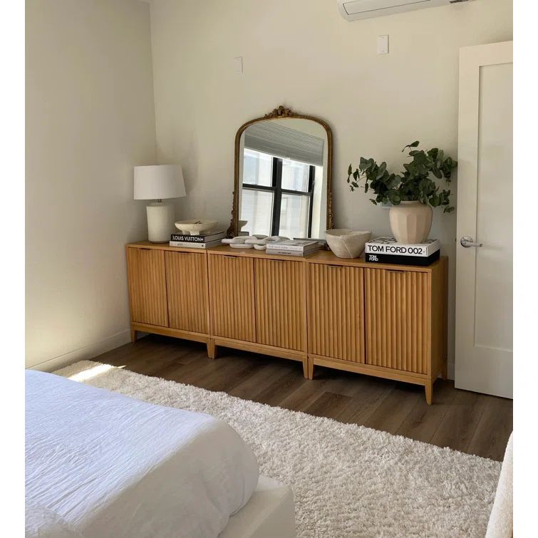 Warm Pine Fluted Door Accent Cabinet with Brass Handles