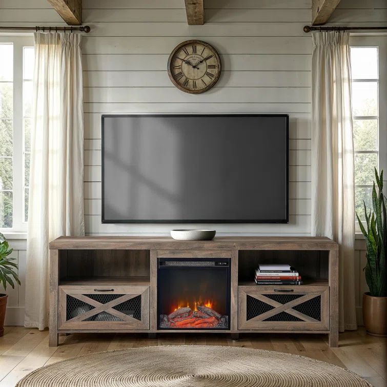 Grey Wash Rustic 70'' Electric Fireplace TV Stand with Cabinet Storage
