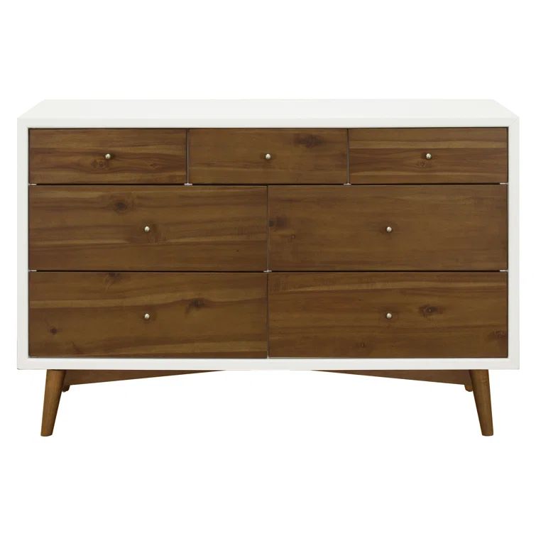 Warm White and Natural Walnut Mid-Century Double Dresser with Tapered Legs
