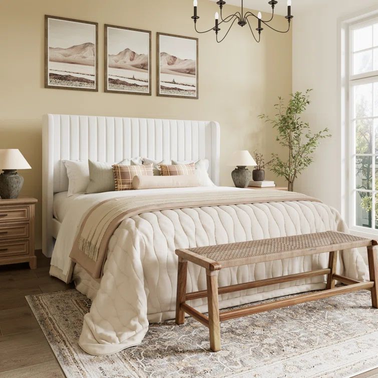 Elegant White Velvet Queen Bed with Tufted Wingback Headboard