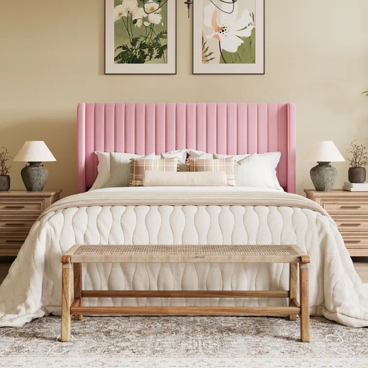 Elegant Pink Velvet Queen Bed with Tufted Wingback Headboard