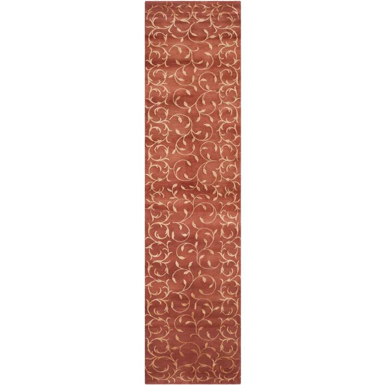 Hand-Knotted Red Wool and Silk Floral Runner Rug