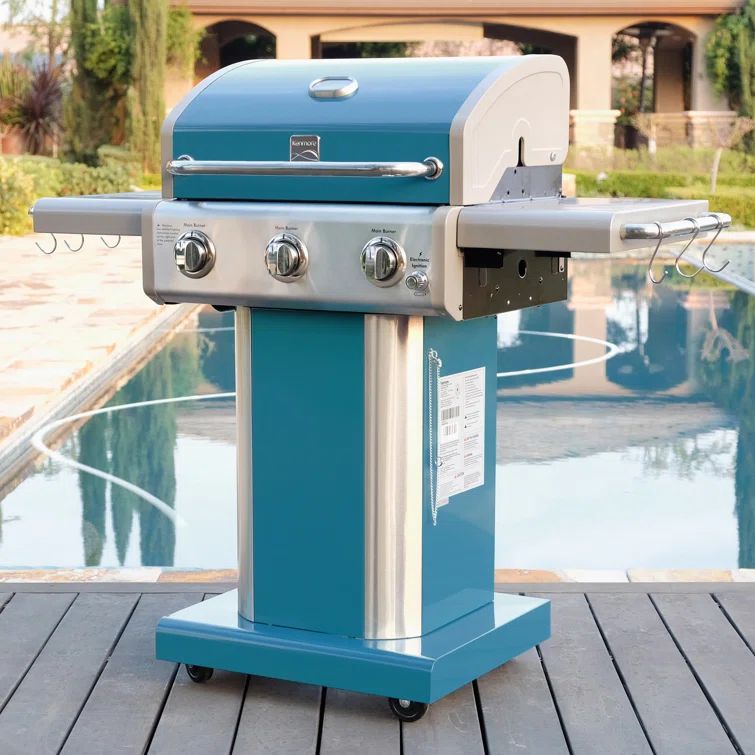Kenmore Teal 3-Burner Propane Gas Grill with Foldable Side Tables