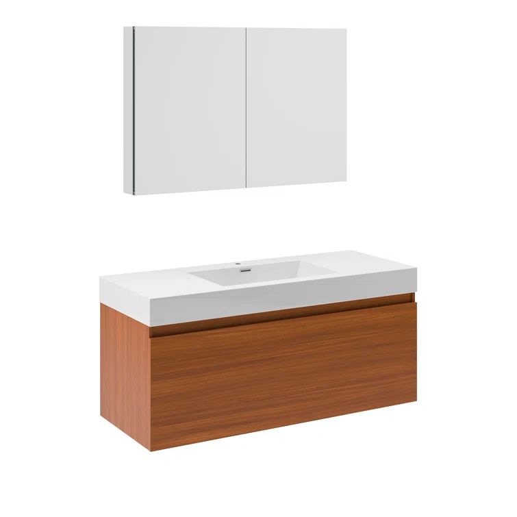 Teak 47" Contemporary Wall-Mount Vanity with Integrated Sink & Nested Storage