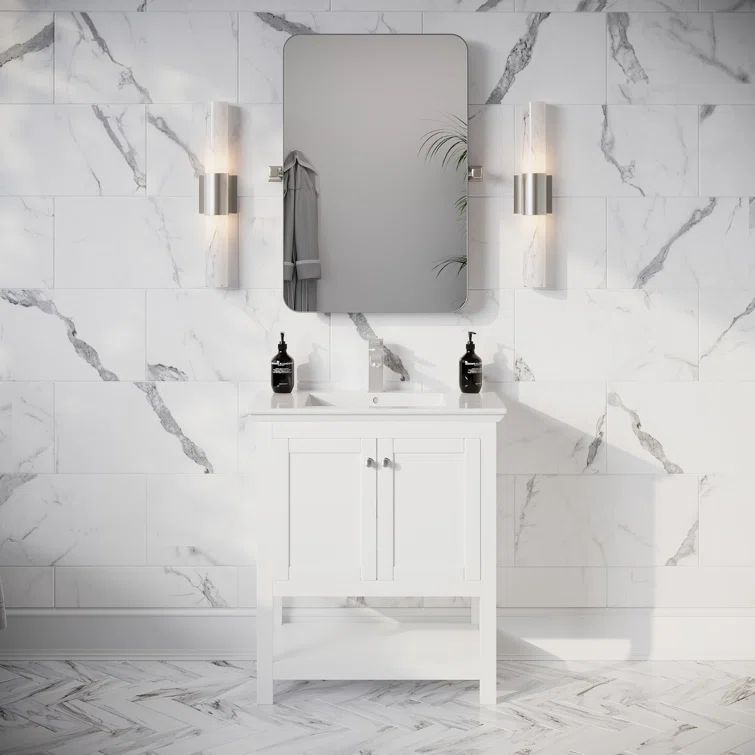 White Solid Wood and MDF 30-inch Freestanding Vanity with Ceramic Top