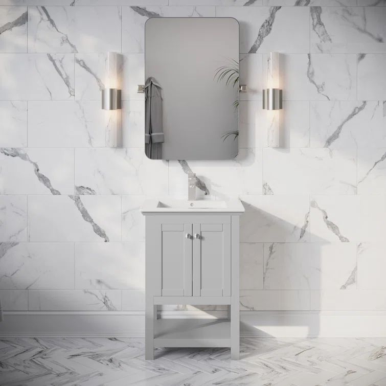 Gray 24" Freestanding Single Sink Bathroom Vanity with Ceramic Top