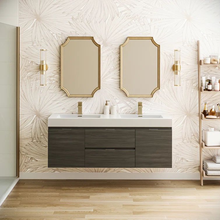 Valencia 60" Gray Oak Wall-Mount Double Sink Vanity with White Acrylic Top