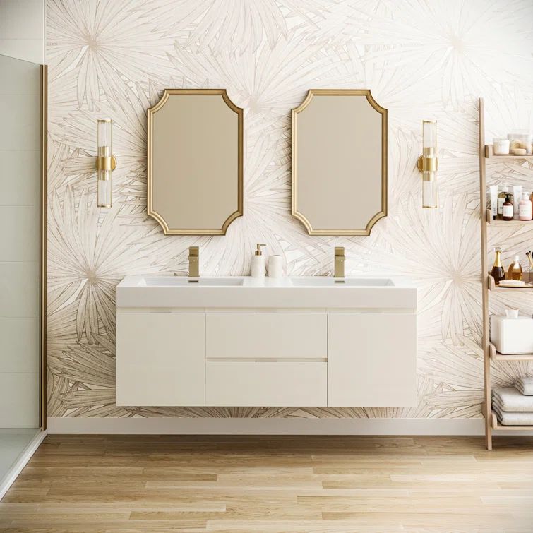 Glossy White 60" Wall-Mounted Double Sink Vanity with Acrylic Top